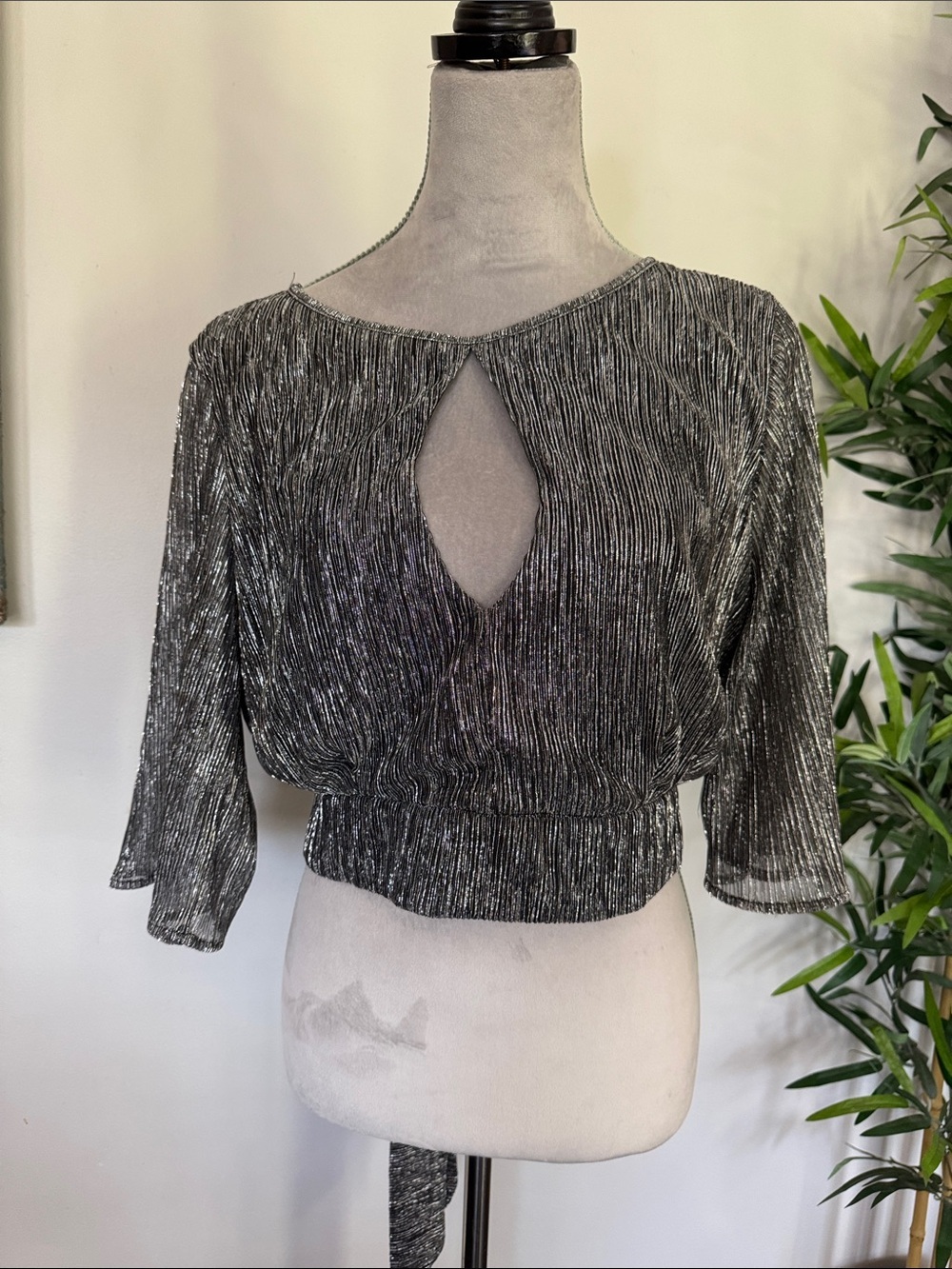 PrettyLittleThing Silver Metallic Pleated Crop Top open back NWT 10